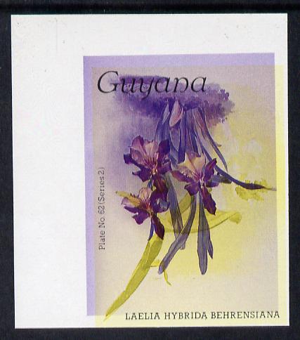 Guyana 1985-89 Orchids Series 2 plate 62 (Sanders' Reichenbachia) unmounted mint imperf single in black & yellow colours only with blue & red from another value (plate 83) printed inverted, most unusual and spectacular, stamps on flowers  orchids
