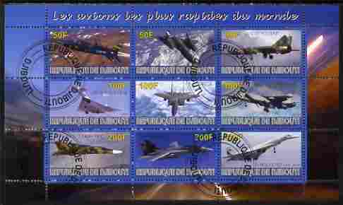 Djibouti 2010 Worlds Fastest Planes perf sheetlet containing 9 values fine cto used, stamps on , stamps on  stamps on aviation, stamps on  stamps on concorde