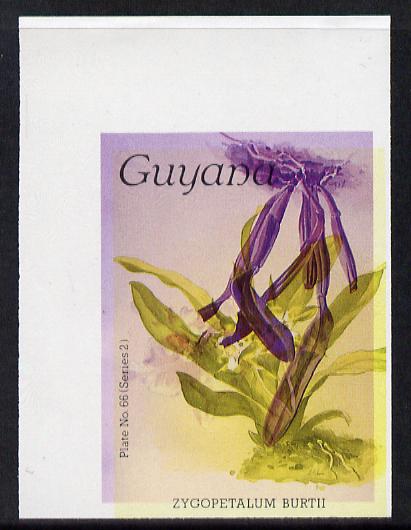 Guyana 1985-89 Orchids Series 2 plate 66 (Sanders' Reichenbachia) unmounted mint imperf single in black & yellow colours only with blue & red from another value (plate 74) printed inverted, most unusual and spectacular, stamps on , stamps on  stamps on flowers  orchids