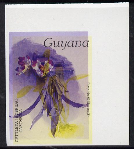 Guyana 1985-89 Orchids Series 2 plate 67 (Sanders' Reichenbachia) unmounted mint imperf single in black & yellow colours only with blue & red from another value (plate 86) printed inverted, most unusual and spectacular, stamps on flowers  orchids