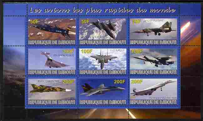 Djibouti 2010 Worlds Fastest Planes perf sheetlet containing 9 values unmounted mint, stamps on , stamps on  stamps on aviation, stamps on  stamps on concorde