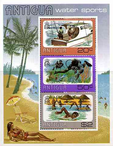 Antigua 1976 Water Sports perf m/sheet unmounted mint, SG MS509, stamps on , stamps on  stamps on sport, stamps on  stamps on scuba, stamps on  stamps on swimming, stamps on  stamps on ships, stamps on  stamps on fishing, stamps on  stamps on 