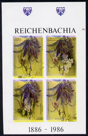Guyana 1985-89 Orchids Series 2 Plate 46, 55, 57 & 81 (Sanders' Reichenbachia) unmounted mint imperf se-tenant sheetlet of 4 in black & yellow colours only with blue & red from another value (plate 16) printed inverted, most unusual and spectacular, stamps on , stamps on  stamps on flowers, stamps on  stamps on orchids