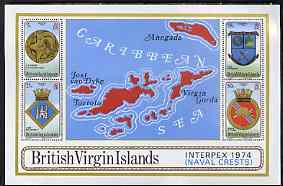 British Virgin Islands 1974 Interpex '74 (Naval Crests) perf m/sheet unmounted mint, SG MS311, stamps on , stamps on  stamps on beavers, stamps on  stamps on rifles, stamps on  stamps on stamp exhibitions, stamps on  stamps on ships, stamps on  stamps on crests, stamps on  stamps on maps