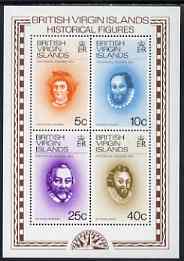 British Virgin Islands 1974 Historical Figures perf m/sheet unmounted mint, SG MS316, stamps on , stamps on  stamps on personalities, stamps on  stamps on columbus, stamps on  stamps on explorers, stamps on  stamps on drake, stamps on  stamps on raleigh, stamps on  stamps on frobisher