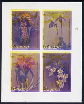 Guyana 1985-89 Orchids Series 2 Plate 46, 55, 57 & 81 (Sanders' Reichenbachia) unmounted mint imperf se-tenant sheetlet of 4 in blue & red colours only with black & yellow from another value (plate 31) printed inverted, most unusual and spectacular, stamps on flowers  orchids