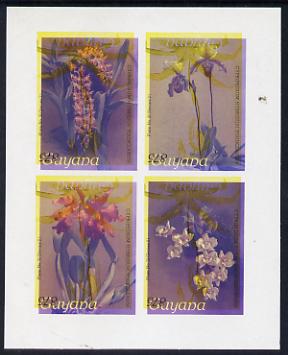 Guyana 1985-89 Orchids Series 2 Plate 46, 55, 57 & 81 (Sanders Reichenbachia) unmounted mint imperf se-tenant sheetlet of 4 in blue & red colours only with black & yellow..., stamps on flowers  orchids