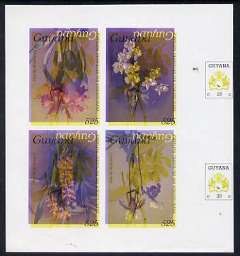 Guyana 1985-89 Orchids Series 2 Plate 46, 55, 57 & 81 (Sanders' Reichenbachia) unmounted mint imperf se-tenant sheetlet of 4 in blue & red colours only with black & yellow from another value (plate 36) printed inverted, most unusual and spectacular, stamps on , stamps on  stamps on flowers  orchids