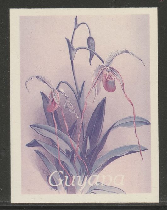 Guyana 1985-89 Orchids Series 2 plate 16 (Sanders' Reichenbachia) unmounted mint imperf progressive proof in blue & red only, stamps on flowers  orchids