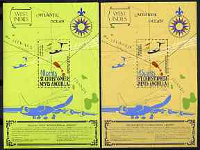 St Kitts-Nevis 1974 Opening of Golden Rock Airport set of 2 perf m/sheets unmounted mint, SG MS312-13, stamps on aviation, stamps on airports, stamps on maps, stamps on boeing