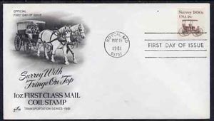 United States 1981-91 Transport - Surrey 18c on illustrated cover with first day cancel, SG 1878, stamps on transport, stamps on horses