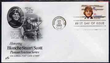 United States 1980 Aviation Pioneers - Blanche Stuart Scott on illustrated cover with first day cancel, SG A1839, stamps on , stamps on  stamps on personalities, stamps on  stamps on aviation, stamps on  stamps on curtiss