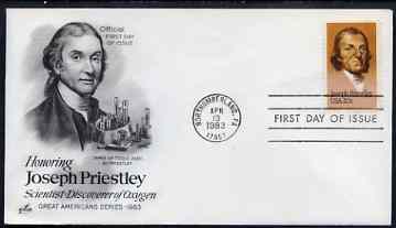 United States 1983 Joseph Priestly (discover of Oxygen) 20c on illustrated cover with first day cancel, SG 2026, stamps on personalities, stamps on science, stamps on chemistry