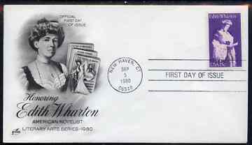 United States 1980 Literary Arts - Edith Wharton (novelist) on illustrated cover with first day cancel, SG 1805, stamps on , stamps on  stamps on personalities, stamps on  stamps on literature, stamps on  stamps on women