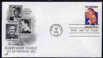 United States 1982 Performing Arts - The Barrymores (theatrical family) on illustrated cover with first day cancel, SG 1989, stamps on , stamps on  stamps on entertainments, stamps on  stamps on theatre, stamps on  stamps on films