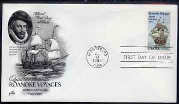 United States 1984 Explorers - 400th Anniversary of Raleigh's Expedition to Roanoke Island on illustrated cover with first day cancel, SG 2090, stamps on personalities, stamps on explorers, stamps on raleigh, stamps on ships