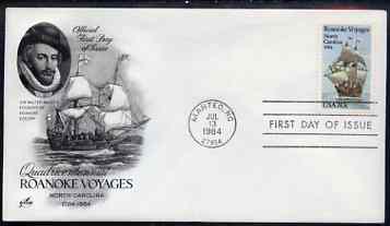 United States 1984 Explorers - 400th Anniversary of Raleighs Expedition to Roanoke Island on illustrated cover with first day cancel, SG 2090, stamps on personalities, stamps on explorers, stamps on raleigh, stamps on ships