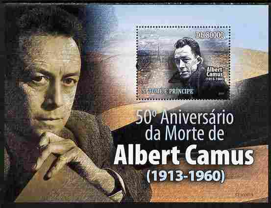St Thomas & Prince Islands 2010 Albert Camus (author) perf souvenir sheet unmounted mint , stamps on personalities, stamps on literature, stamps on eiffel tower