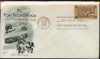 United States 1955 200th Anniversary of Fort Ticonderoga on illustrated cover with first day cancel, SG 1073, stamps on militaria, stamps on cannon, stamps on forts