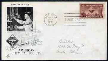 United States 1951 75th Anniversary of US Chemical Society on illustrated cover with first day cancel, SG 999, stamps on chemicals, stamps on science