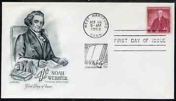 United States 1958 Birth Bicentenary of Noah Webster (creator of dictionary) on illustrated cover with first day cancel, SG 1120, stamps on personalities, stamps on literature, stamps on books