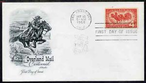 United States 1958 Overland Mail Centenary on illustrated cover with first day cancel, SG 1119, stamps on , stamps on  stamps on mail coaches, stamps on  stamps on postal, stamps on  stamps on horses