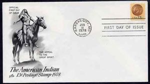 United States 1978 Indian Head Penny 13c stamp on illustrated cover with first day cancel, SG 1708, stamps on , stamps on  stamps on indians, stamps on  stamps on coins, stamps on  stamps on horses, stamps on  stamps on americana, stamps on  stamps on wild west