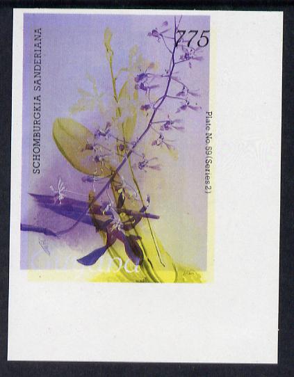 Guyana 1985-89 Orchids Series 2 plate 59 (Sanders' Reichenbachia) unmounted mint imperf single in black & yellow colours only with blue & red from another value (plate 95) printed inverted, most unusual and spectacular, stamps on flowers  orchids