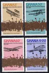 Ghana 1978 75th Anniversary of Powered Flight perf set of 4 unmounted mint, SG 840-43, stamps on , stamps on  stamps on aviation, stamps on  stamps on wright, stamps on  stamps on comet, stamps on  stamps on de havillandh, stamps on  stamps on concorde, stamps on  stamps on handley page