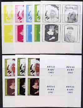 Staffa 1982 Royal Baby opt on 1981 Royal Wedding imperf sheetlet containing set of 4, the  set of 9 progressive proofs comprising the 5 individual colours plus two 2-colour, 3, 4  and all 5-colour composites (36 proofs) unmounted mint, stamps on , stamps on  stamps on charles, stamps on  stamps on diana, stamps on  stamps on royalty, stamps on  stamps on william