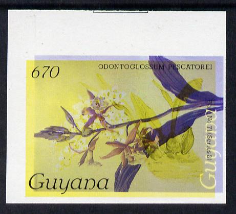 Guyana 1985-89 Orchids Series 2 plate 71 (Sanders' Reichenbachia) unmounted mint imperf single in black & yellow colours only with blue & red from another value (plate 69) printed inverted, most unusual and spectacular, stamps on flowers  orchids