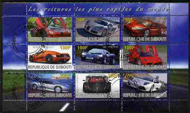 Djibouti 2010 Worlds Fastest Cars perf sheetlet containing 9 values fine cto used, stamps on , stamps on  stamps on cars, stamps on  stamps on bugatti, stamps on  stamps on ferrari, stamps on  stamps on mclaren, stamps on  stamps on jaguar, stamps on  stamps on 