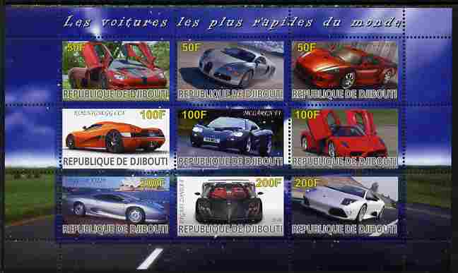 Djibouti 2010 Worlds Fastest Cars perf sheetlet containing 9 values unmounted mint, stamps on cars, stamps on bugatti, stamps on ferrari, stamps on mclaren, stamps on jaguar, stamps on 