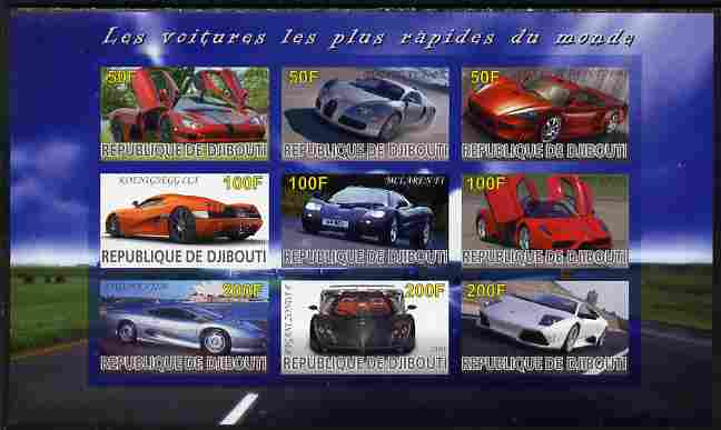 Djibouti 2010 Worlds Fastest Cars imperf sheetlet containing 9 values unmounted mint, stamps on , stamps on  stamps on cars, stamps on  stamps on bugatti, stamps on  stamps on ferrari, stamps on  stamps on mclaren, stamps on  stamps on jaguar, stamps on  stamps on 