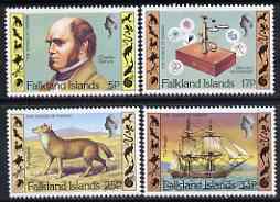 Falkland Islands 1982 150th Anniversary of Darwin's Voyage perf set of 4 unmounted mint, SG 422-25, stamps on , stamps on  stamps on personalities, stamps on  stamps on microscopes, stamps on  stamps on ships, stamps on  stamps on wolves, stamps on  stamps on chemistry, stamps on  stamps on darwin