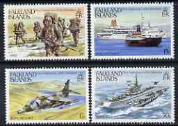 Falkland Islands 1983 First Anniversary of Liberation perf set of 4 unmounted mint, SG 454-57, stamps on , stamps on  stamps on ships, stamps on aviation, stamps on flat tops, stamps on militaria, stamps on 