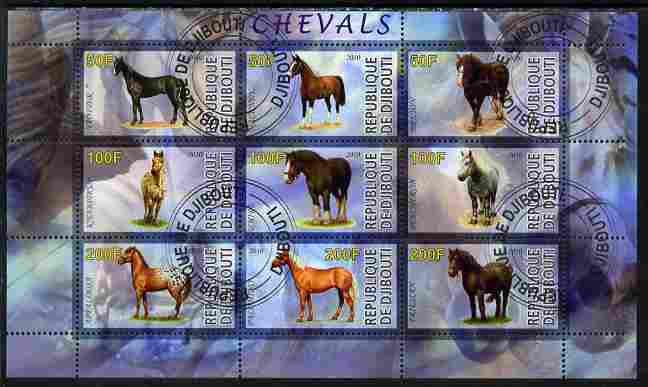 Djibouti 2010 Horses perf sheetlet containing 9 values fine cto used, stamps on , stamps on  stamps on animals, stamps on  stamps on horses