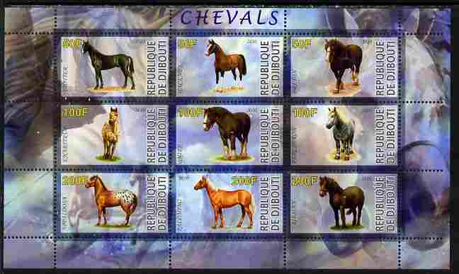 Djibouti 2010 Horses perf sheetlet containing 9 values unmounted mint, stamps on , stamps on  stamps on animals, stamps on  stamps on horses