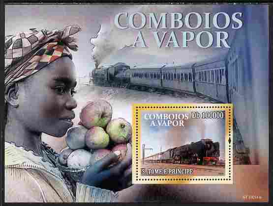 St Thomas & Prince Islands 2010 African Steam Trains perf souvenir sheet unmounted mint , stamps on railways