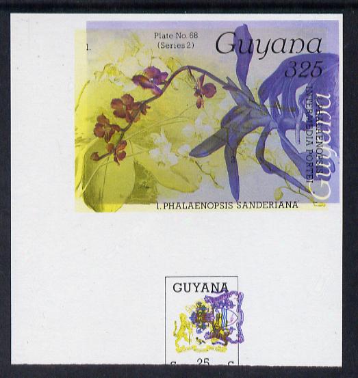 Guyana 1985-89 Orchids Series 2 plate 68 (Sanders' Reichenbachia) unmounted mint imperf single in black & yellow colours only with blue & red from another value (plate 96) printed inverted, most unusual and spectacular, stamps on flowers  orchids