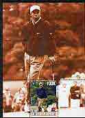Myanmar 2000 Tiger Woods perf souvenir sheet #01 (red-brown background) unmounted mint, stamps on personalities, stamps on sport, stamps on golf