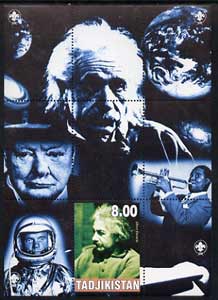 Tadjikistan 2000 Einstein (with Churchill, Satchmo & N Armstrong) perf souvenir sheet unmounted mint with Scout logos in margin, stamps on personalities, stamps on nobel, stamps on physics, stamps on jazz, stamps on music, stamps on space, stamps on churchill, stamps on scouts, stamps on personalities, stamps on einstein, stamps on science, stamps on physics, stamps on nobel, stamps on maths, stamps on space, stamps on judaica, stamps on atomics