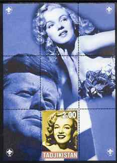 Tadjikistan 2000 Marilyn Monroes (with JFK) perf souvenir sheet unmounted mint with Scout logos in margin, stamps on , stamps on  stamps on personalities, stamps on  stamps on marilyn monroe, stamps on  stamps on kennedy, stamps on  stamps on scouts, stamps on  stamps on presidents