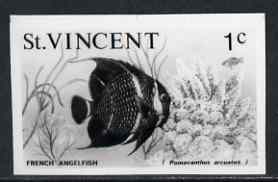 St Vincent 1975 French Angelfish 1c stamp size Black & white photographic proof similar to issued stamp but with thicker lettering and without imprint, as SG 422, stamps on fish