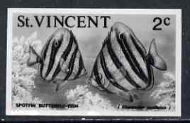 St Vincent 1975 Butterflyfish 2c stamp size Black & white photographic proof similar to issued stamp but with thicker lettering and without imprint, as SG 423, stamps on fish