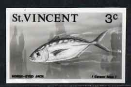 St Vincent 1975 Yellow Jack 3c stamp size Black & white  photographic proof similar to issued stamp but with thicker lettering and without imprint, as SG 424, stamps on , stamps on  stamps on fish
