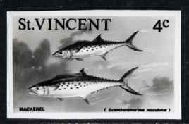 St Vincent 1975 Spanish Mackerel 4c stamp size Black & white  photographic proof similar to issued stamp but with thicker lettering and without imprint, as SG 425, stamps on fish