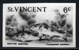 St Vincent 1975 Spotted Goatfish 6c stamp size Black & white  photographic proof similar to issued stamp but with thicker lettering and without imprint, as SG 427, stamps on fish