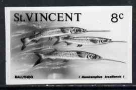 St Vincent 1975 Ballyhoo 8c stamp size Black & white  photographic proof similar to issued stamp but with thicker lettering and without imprint, as SG 428, stamps on fish