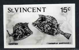 St Vincent 1975 Cowfish 15c stamp size Black & white  photographic proof similar to issued stamp but with thicker lettering and without imprint, as SG 431, stamps on fish